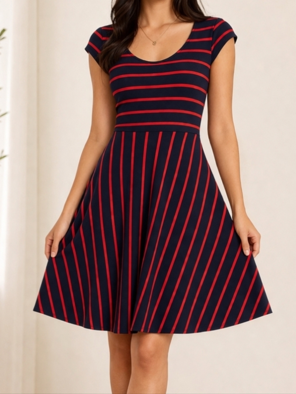 Market & Spruce Striped Knit Dress Navy Red Fit & Flare Open Back Stretch Large - Picture 3 of 8